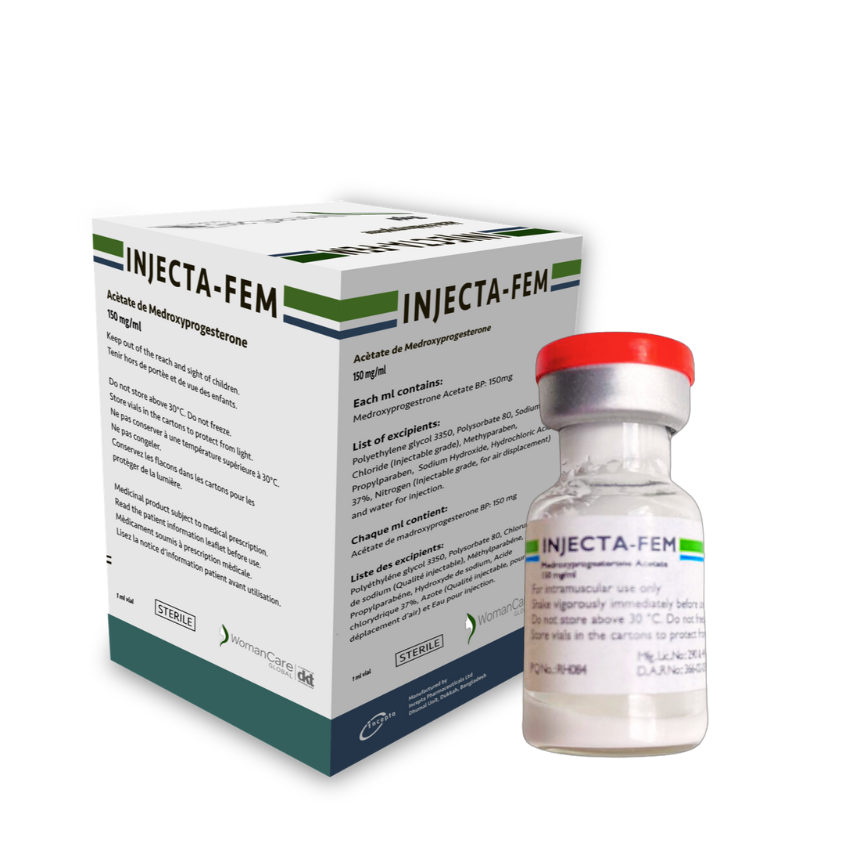 Injecta-Fem is a WHO Prequalified intramuscular contraceptive injection effective for 3 months, suitable for most women.